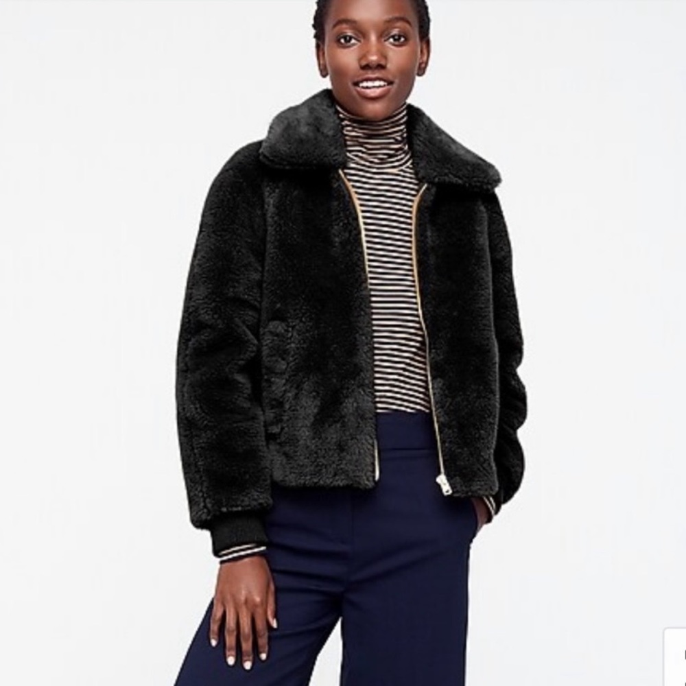 J. Crew Teddy Plush Fleece Bomber Jacket in Black MD